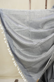 Metallic Blue Plain Tissue Linen Saree With Tassels - SRMBPTLS295