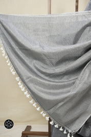 Metallic Blue Plain Tissue Linen Saree With Tassels - SRMBPTLS295