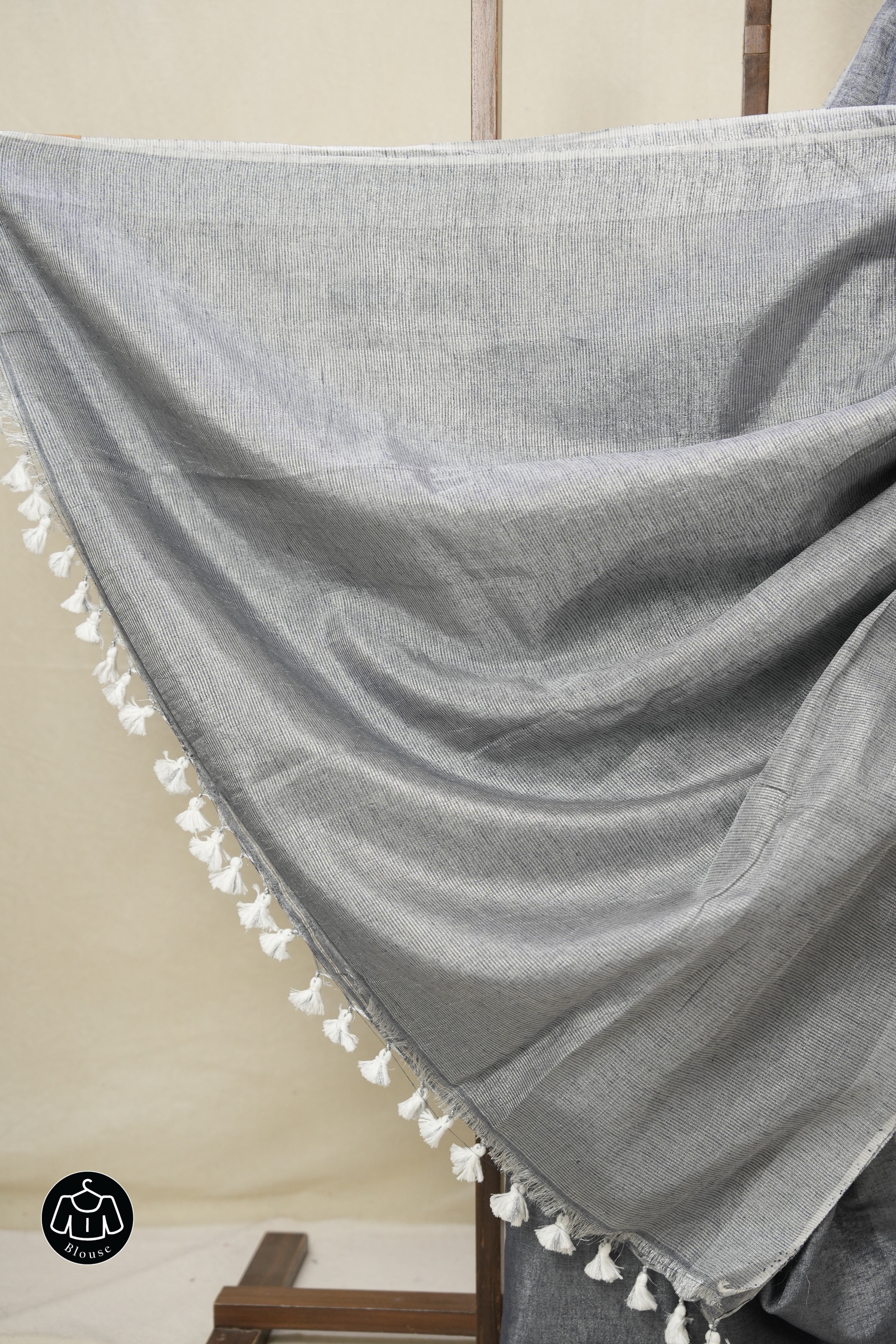 Metallic Blue Plain Tissue Linen Saree With Tassels - SRMBPTLS295