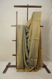 Bluish Grey Plain Tissue Linen Saree With Tassels - SRBGPTLS301