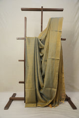 Bluish Grey Plain Tissue Linen Saree With Tassels - SRBGPTLS301