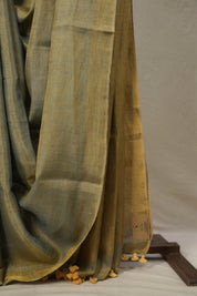 Bluish Grey Plain Tissue Linen Saree With Tassels - SRBGPTLS301