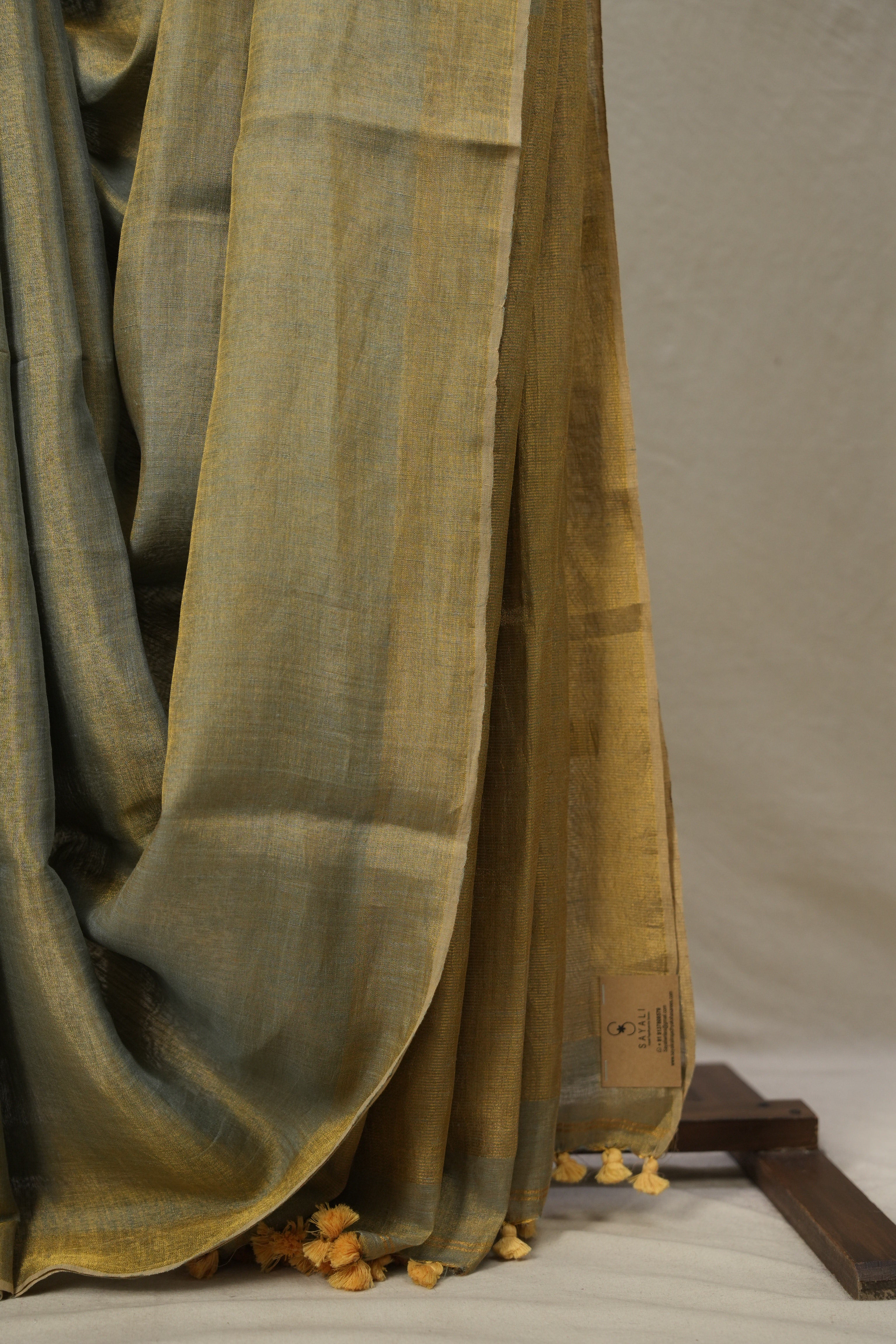 Bluish Grey Plain Tissue Linen Saree With Tassels - SRBGPTLS301