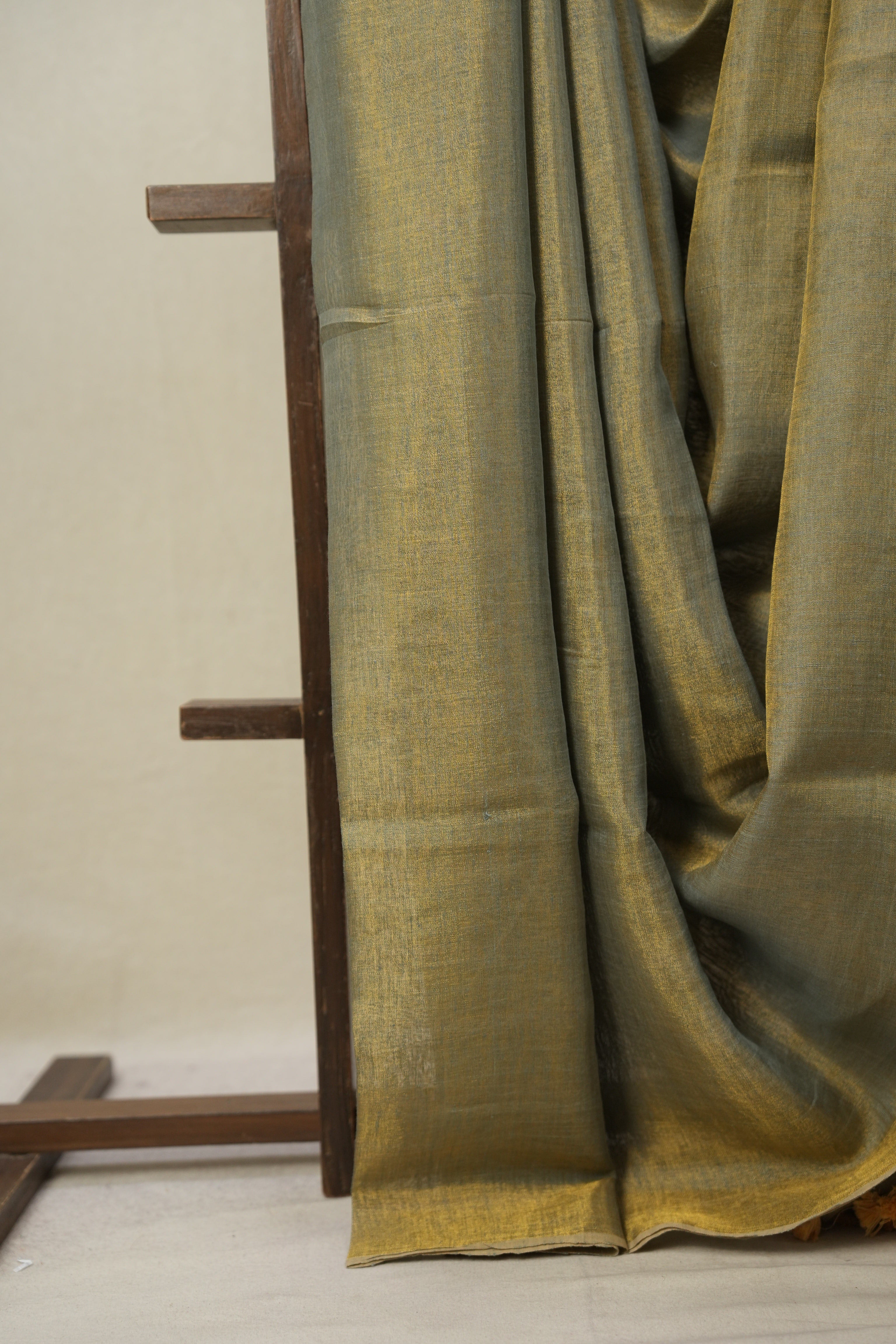 Bluish Grey Plain Tissue Linen Saree With Tassels - SRBGPTLS301