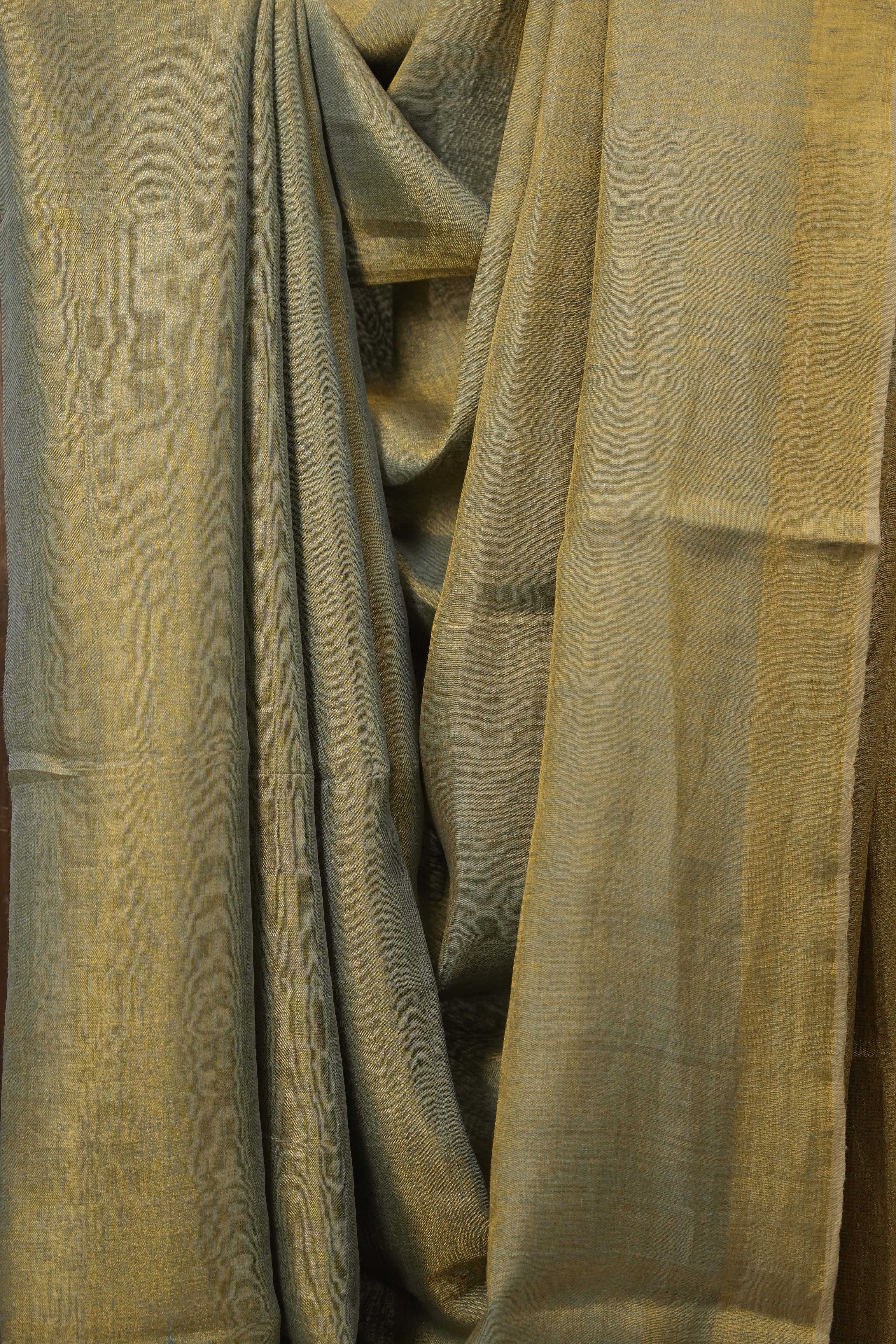 Bluish Grey Plain Tissue Linen Saree With Tassels - SRBGPTLS301