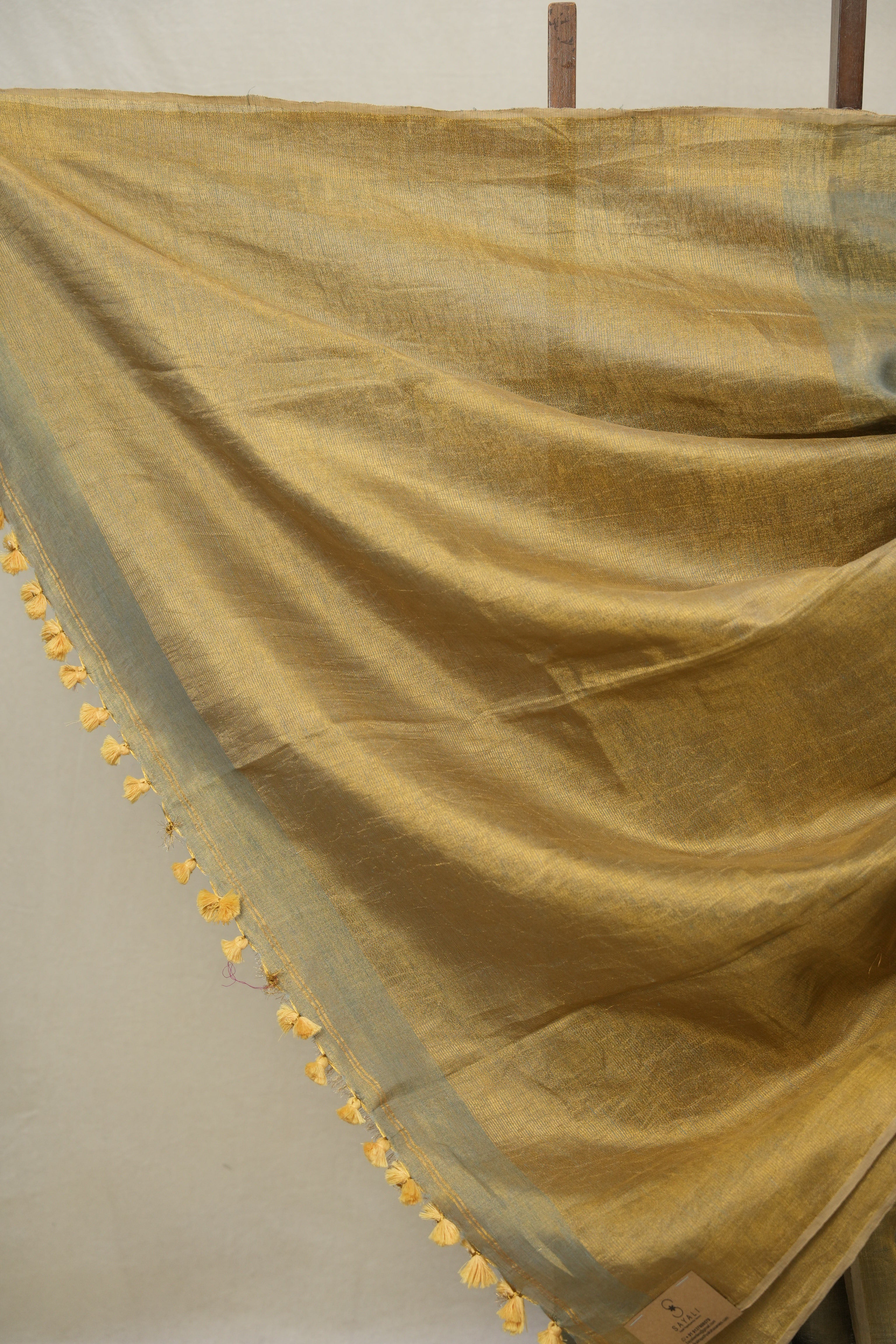 Bluish Grey Plain Tissue Linen Saree With Tassels - SRBGPTLS301
