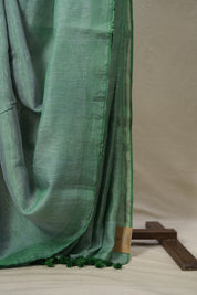 Two Tone Green Tissue Linen Saree With Tassels - SRTTGTLS282