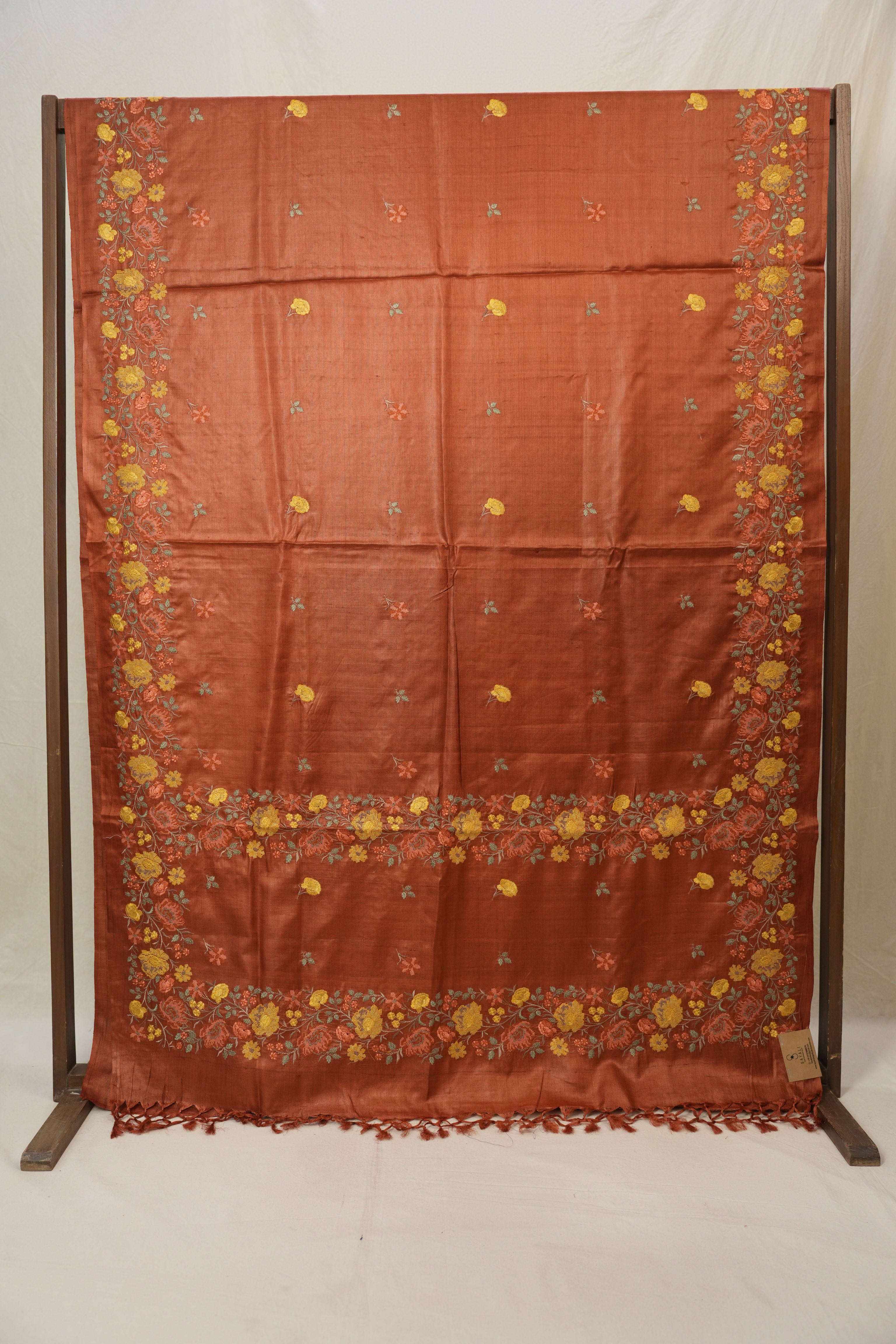 Brick Orange Machine Embroidered Tussar Silk Saree - SRBOMETSS1548