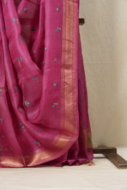 Barbie Pink Machine Embroidered Tussar Silk Saree - SRBPMETSS1472