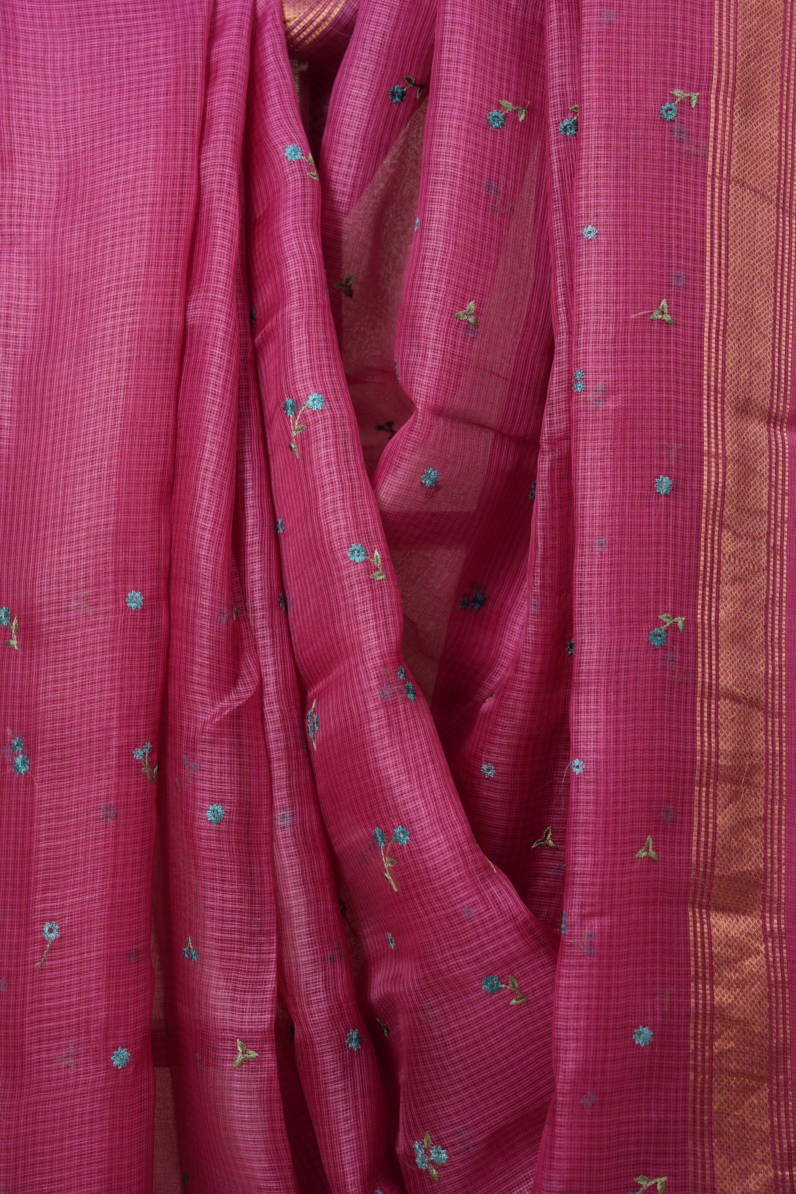 Barbie Pink Machine Embroidered Tussar Silk Saree - SRBPMETSS1472