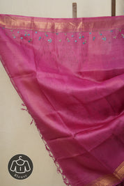 Barbie Pink Machine Embroidered Tussar Silk Saree - SRBPMETSS1472