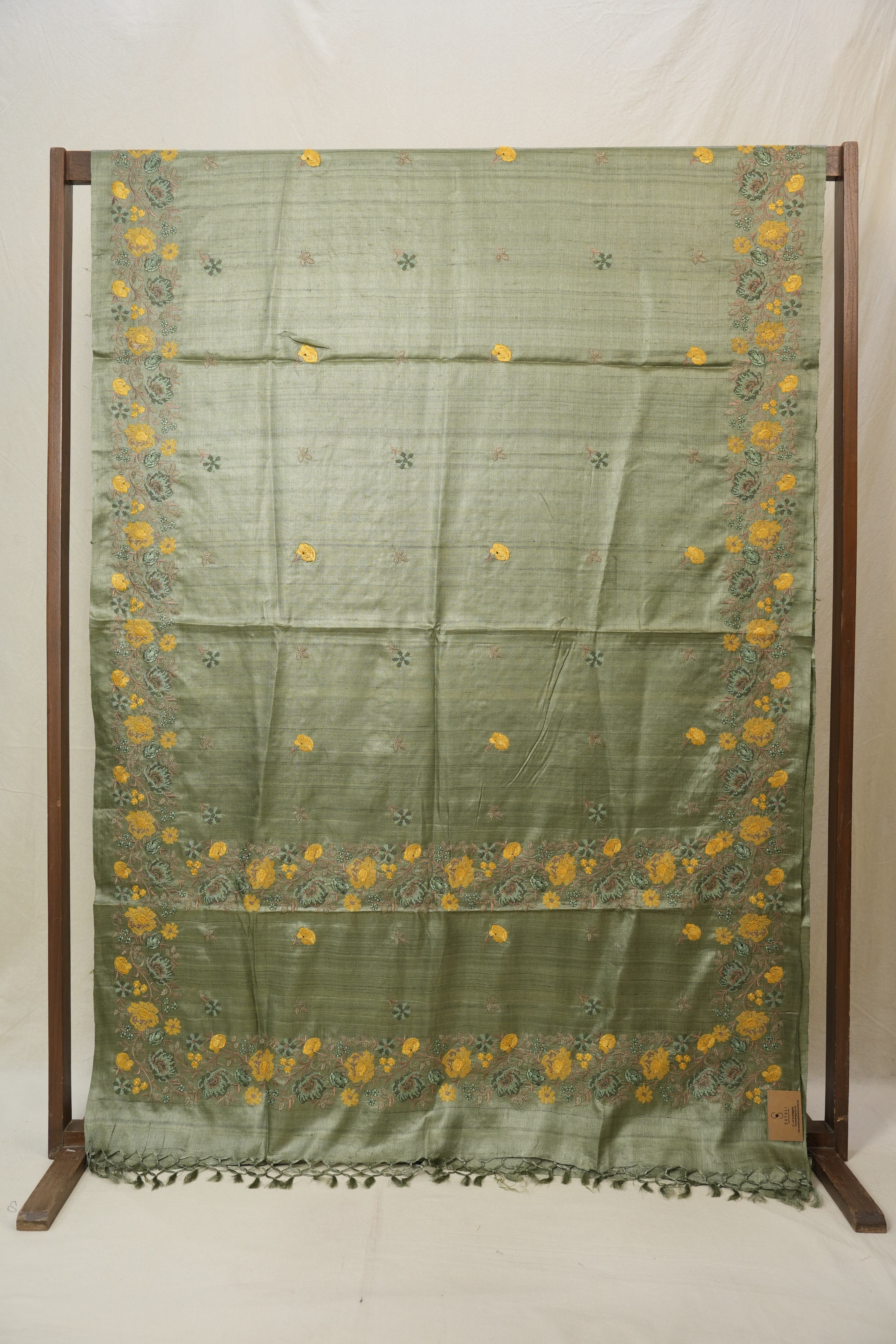 Sage Green Machine Embroidered Tussar Silk Saree - SRSGMETSS1547