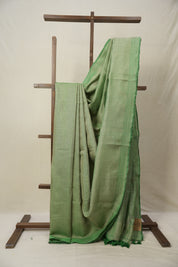Metallic Green Tissue Linen Saree With Tassels - SRMGTLS284