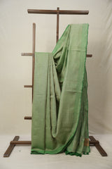 Metallic Green Tissue Linen Saree With Tassels - SRMGTLS284