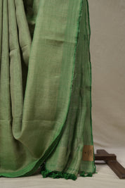 Metallic Green Tissue Linen Saree With Tassels - SRMGTLS284