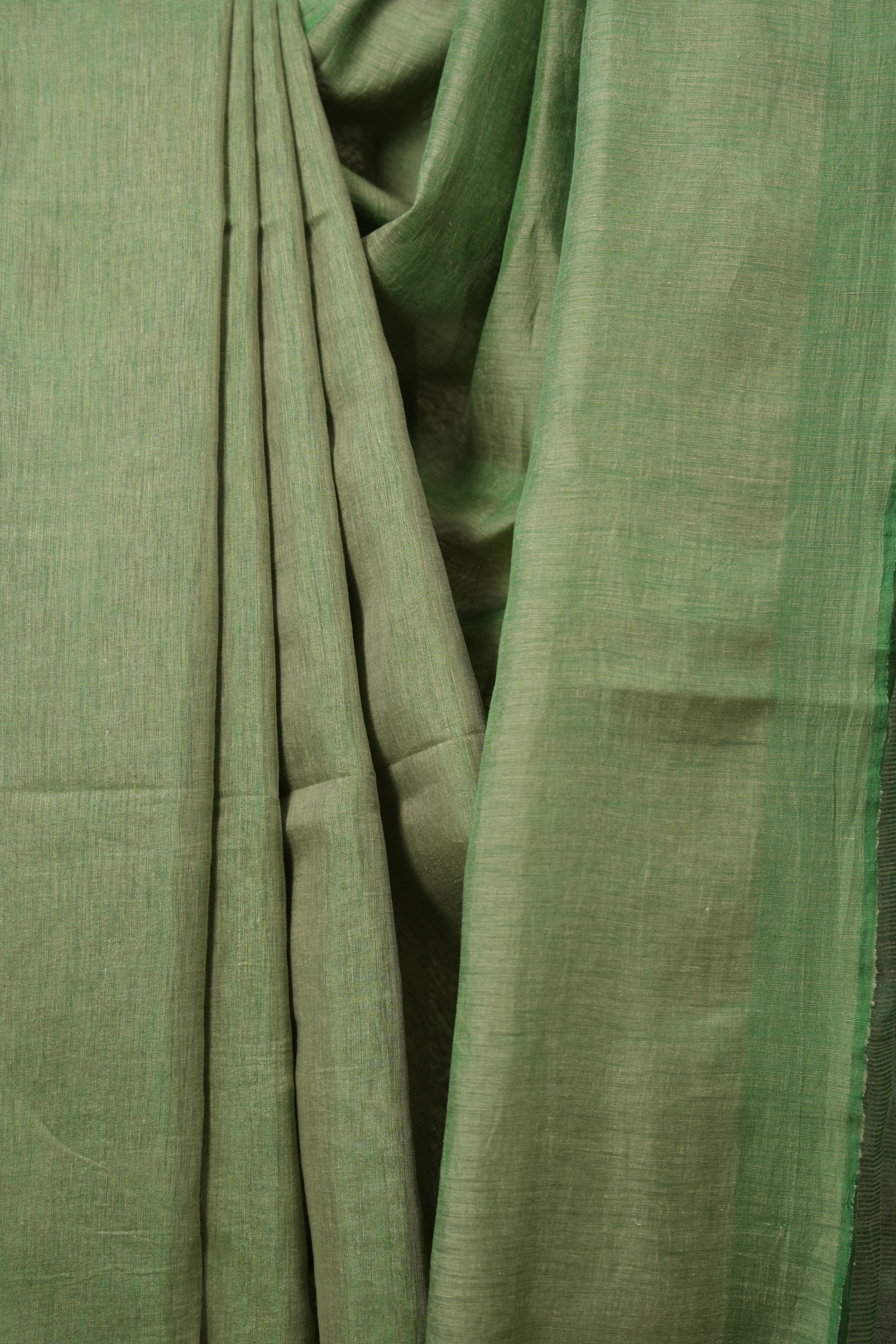 Metallic Green Tissue Linen Saree With Tassels - SRMGTLS284