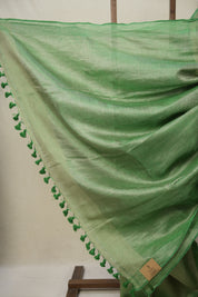 Metallic Green Tissue Linen Saree With Tassels - SRMGTLS284