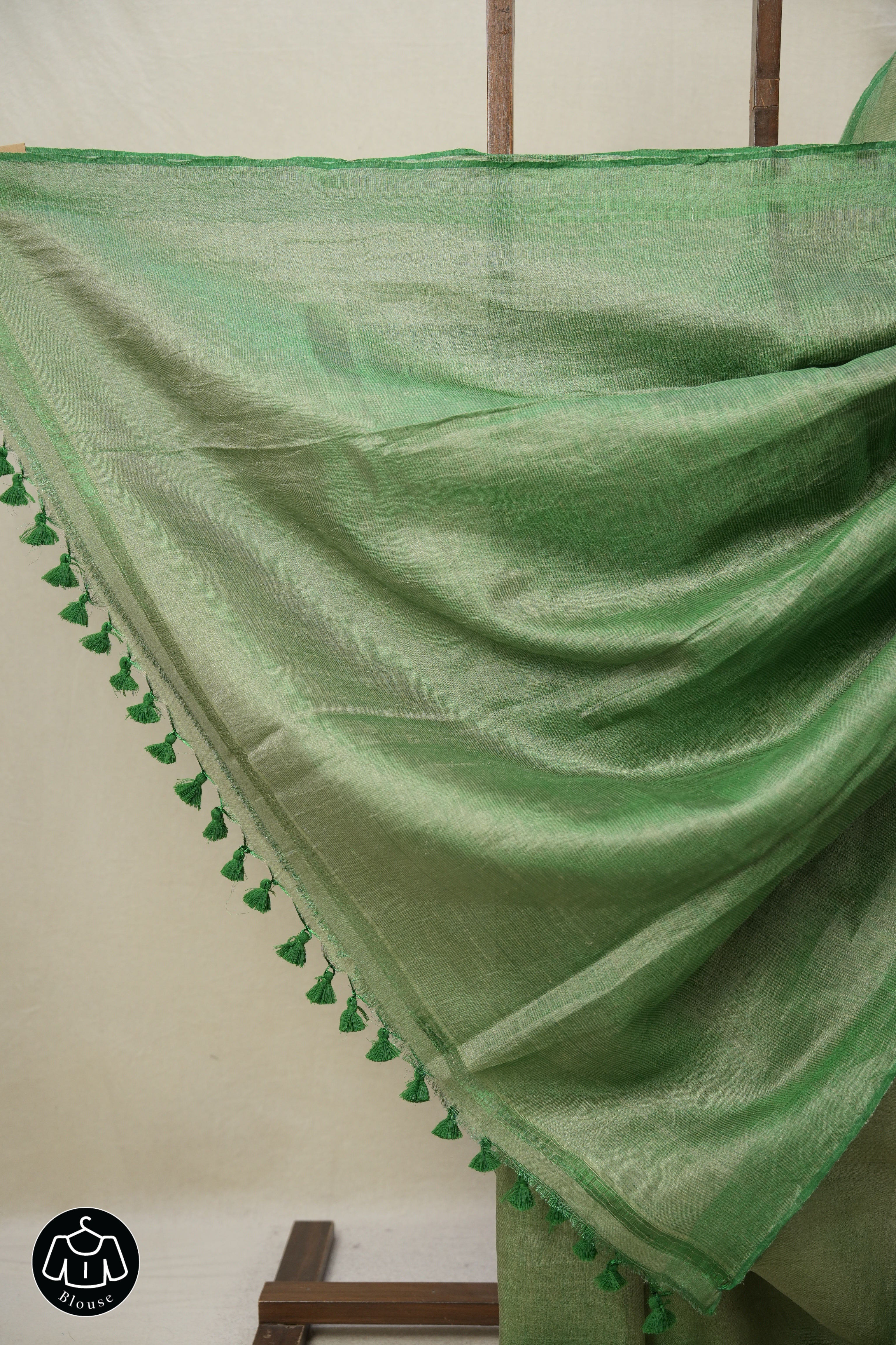 Metallic Green Tissue Linen Saree With Tassels - SRMGTLS284