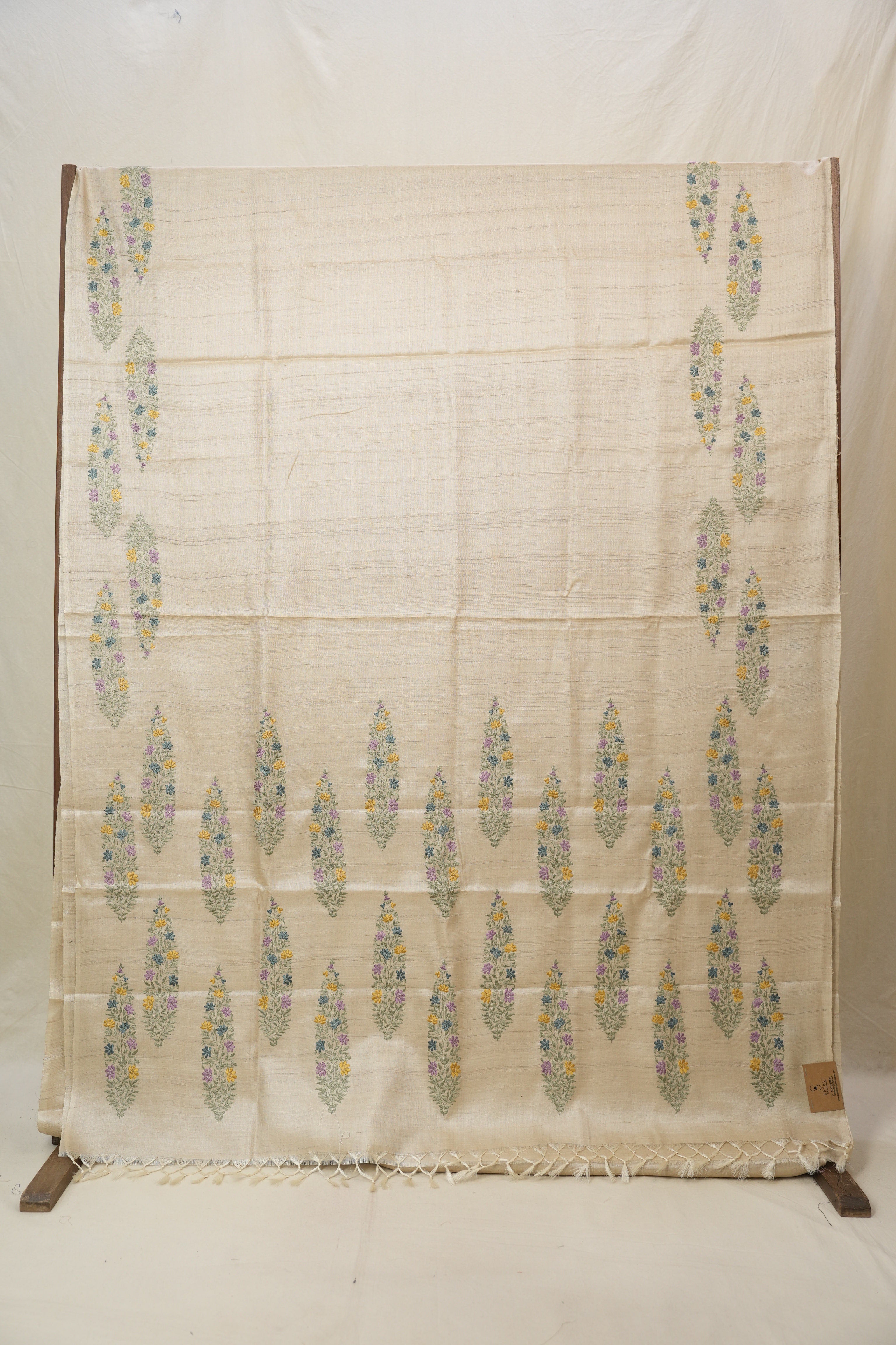 Cream Machine Embroidered Tussar Silk Saree - SRCMETSS1535