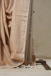 Peach Beige Tissue Linen Saree With Tassels - SRPBTLS269