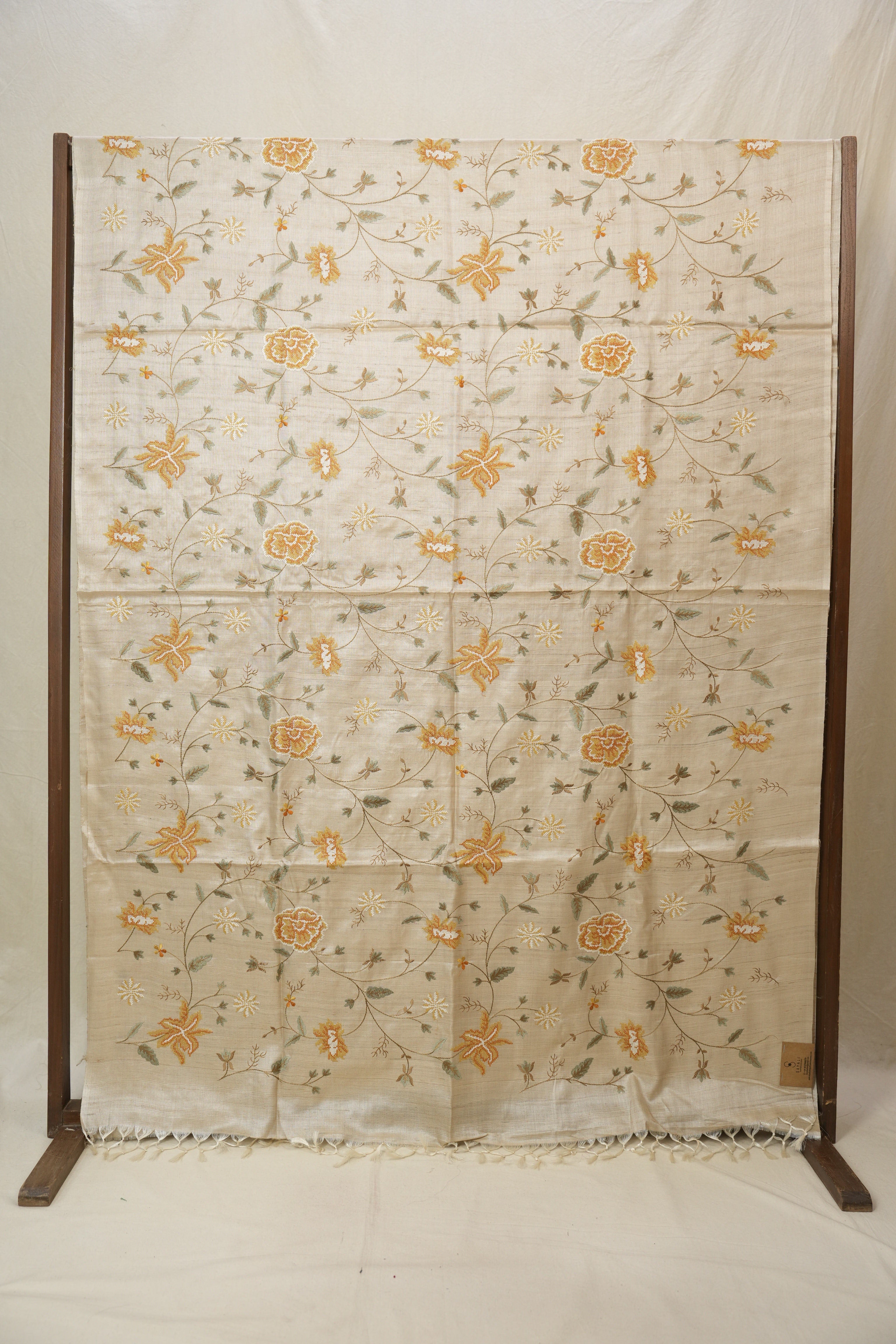 Cream Machine Embroidered Tussar Silk Saree - SRCMETSS1523
