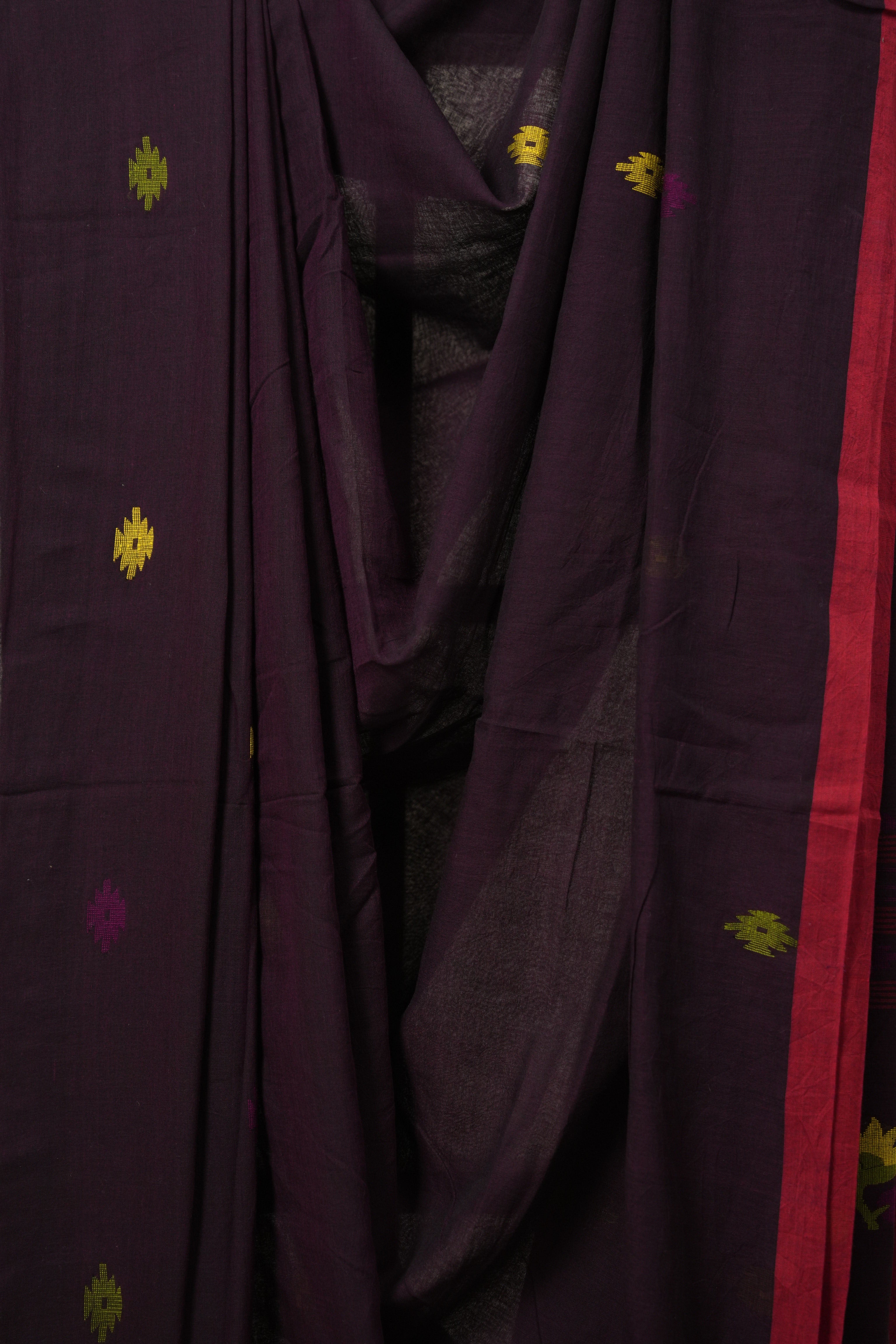 Dark Plum Mul Bengal Cotton Jamdani Saree - SRDPMBCJS195