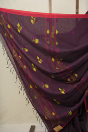 Dark Plum Mul Bengal Cotton Jamdani Saree - SRDPMBCJS195