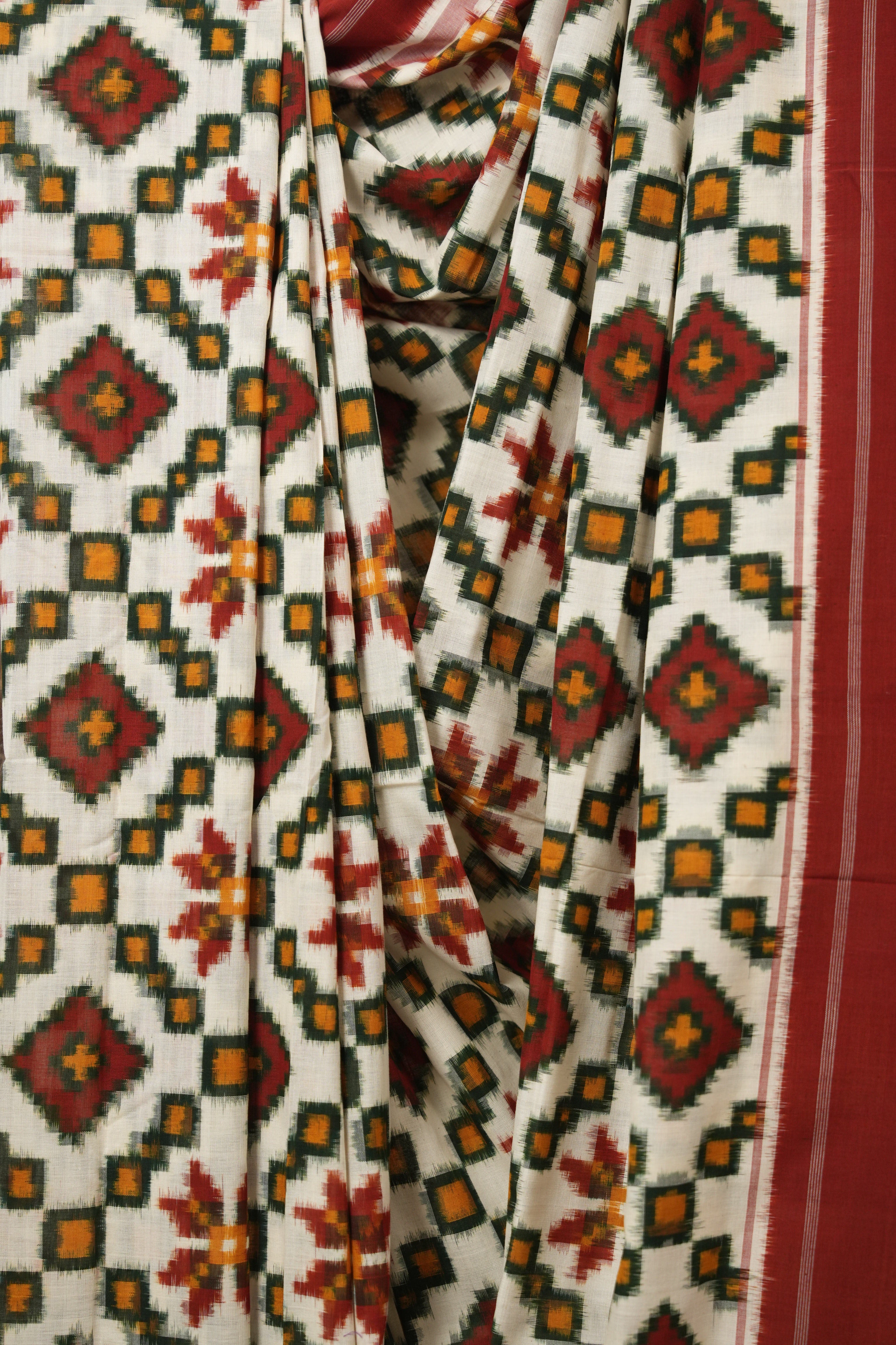 Cream Pochampalli Cotton Ikat Saree - SRCPCIS699