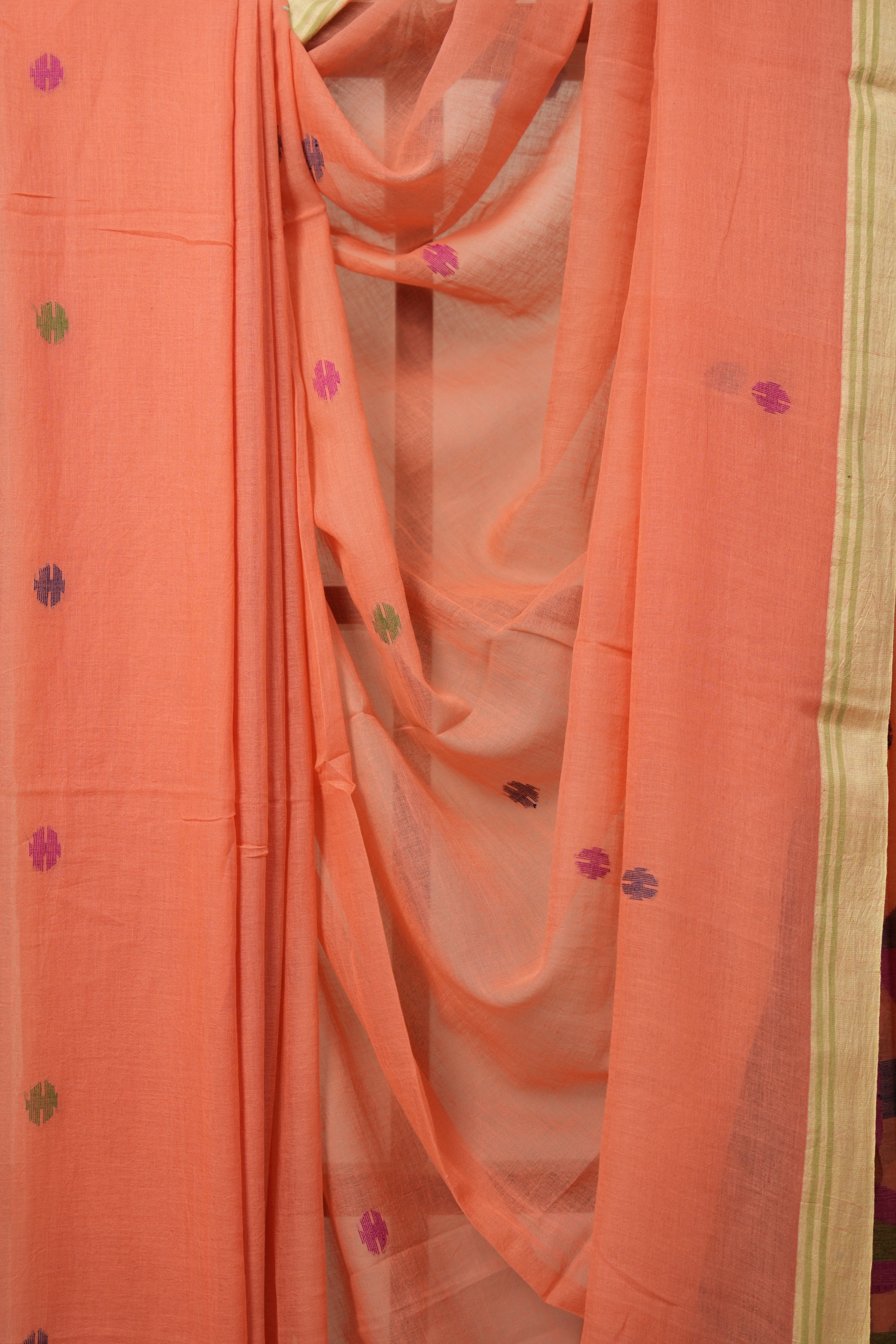 Coral Peach Bengal Mul Cotton Saree - SRCPBMCS018