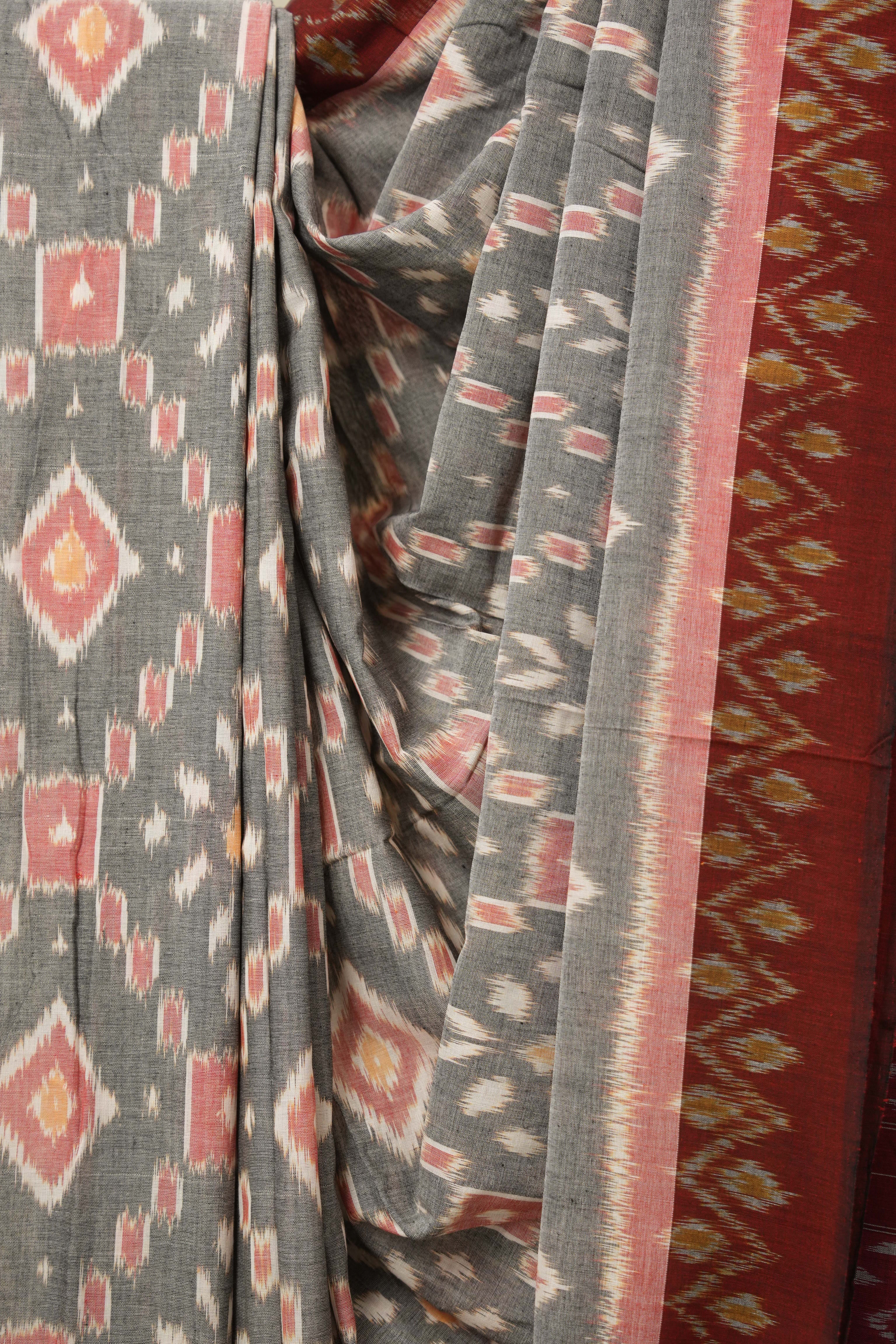 Grey Pochampalli Cotton Ikat Saree - SRGPCIS681