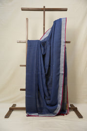 Grey Blue Plain Linen Saree With Red Tassels - SRGBPLS337