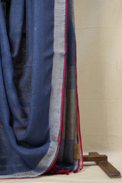 Grey Blue Plain Linen Saree With Red Tassels - SRGBPLS337