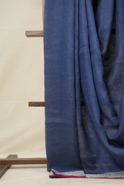 Grey Blue Plain Linen Saree With Red Tassels - SRGBPLS337