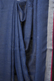 Grey Blue Plain Linen Saree With Red Tassels - SRGBPLS337