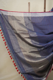 Grey Blue Plain Linen Saree With Red Tassels - SRGBPLS337
