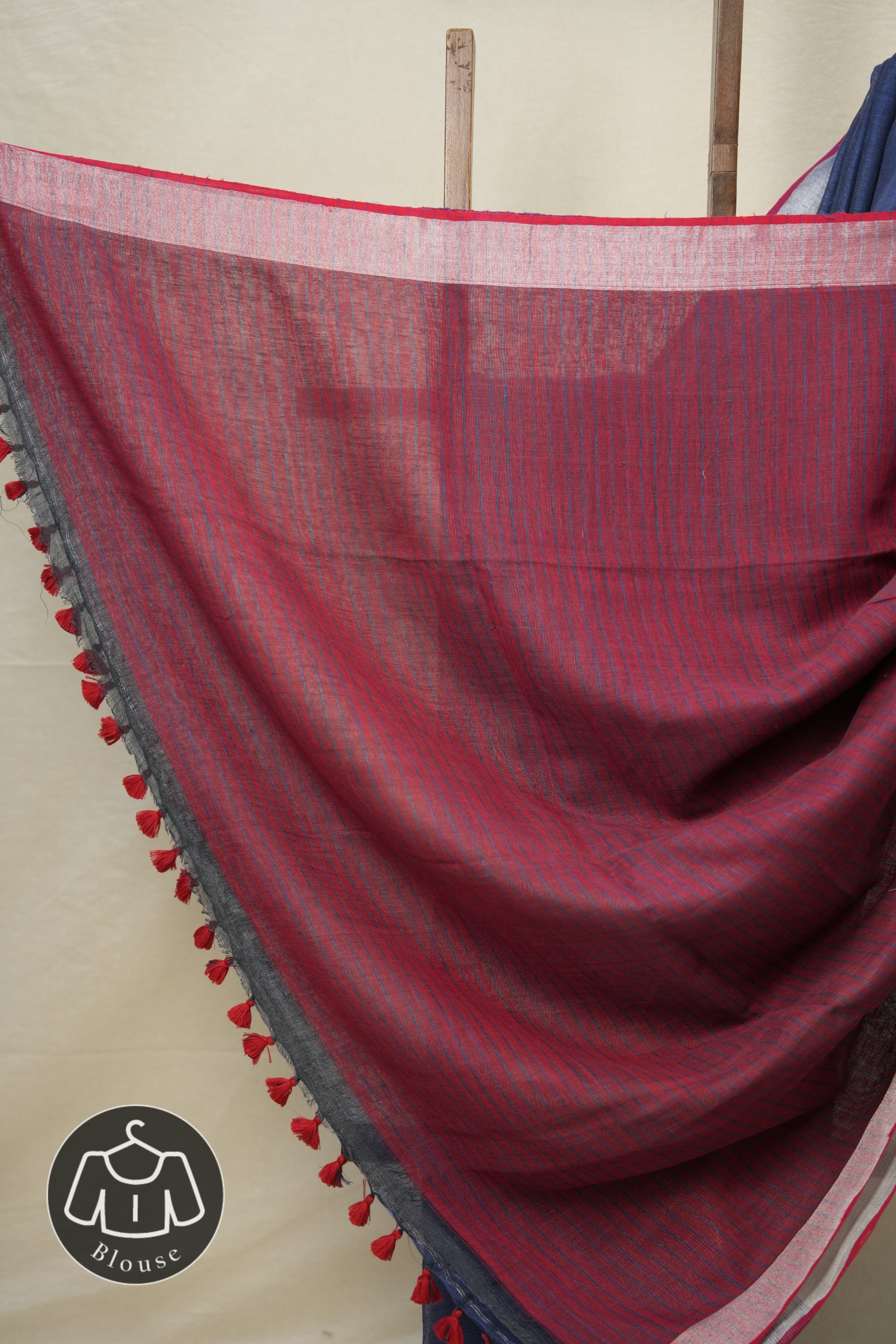 Grey Blue Plain Linen Saree With Red Tassels - SRGBPLS337