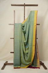 Blue - Yellow Plain Linen Saree With Pink Tassels - SRBYPLSWPT345
