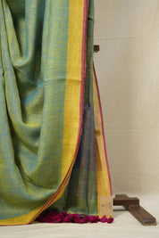 Yellow Blue Plain Linen Saree With Pink Tassels - SRYBPLS336