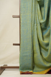 Blue - Yellow Plain Linen Saree With Pink Tassels - SRBYPLSWPT345