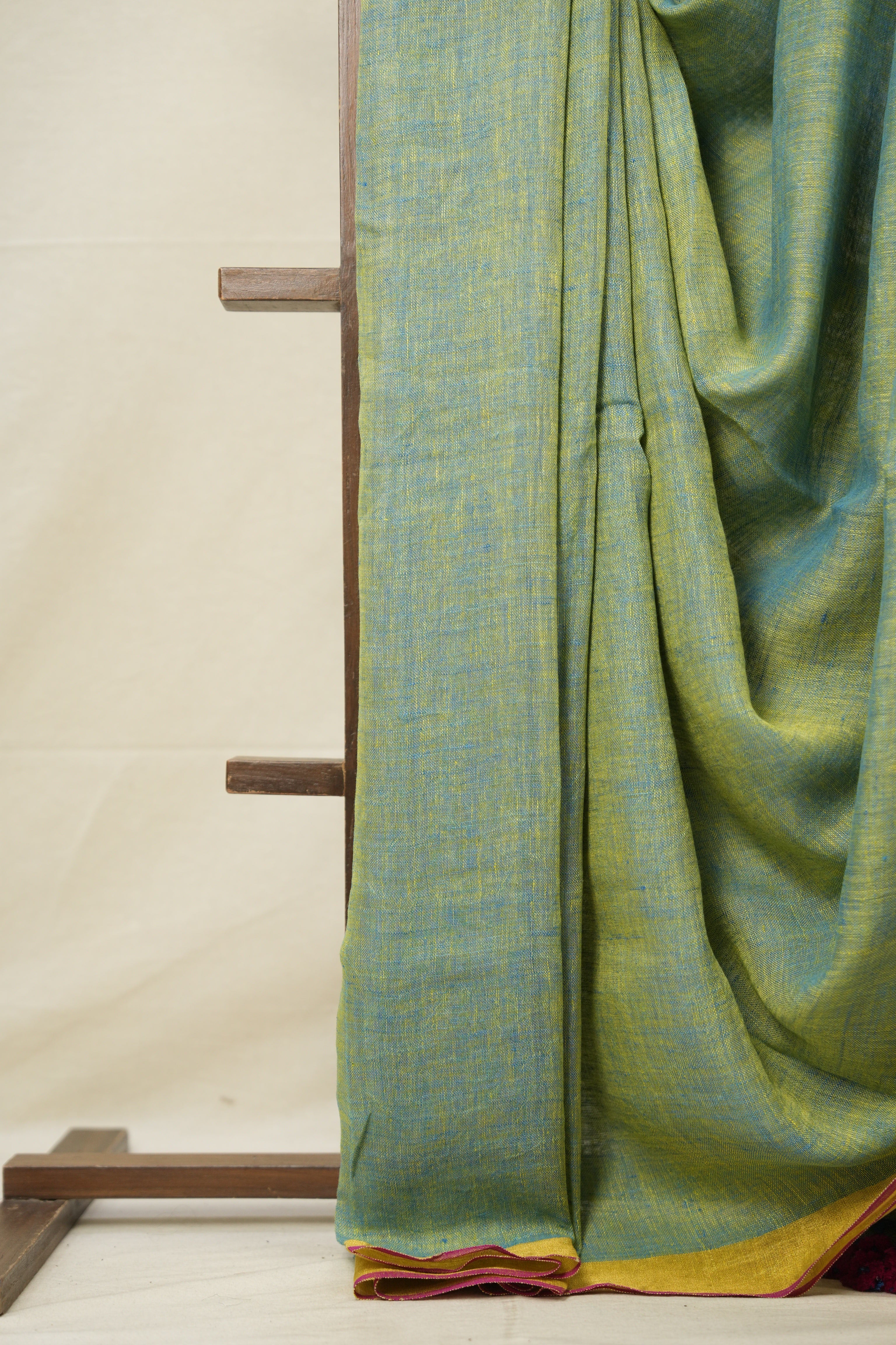 Blue - Yellow Plain Linen Saree With Pink Tassels - SRBYPLSWPT345