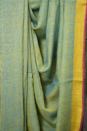 Blue - Yellow Plain Linen Saree With Pink Tassels - SRBYPLSWPT345