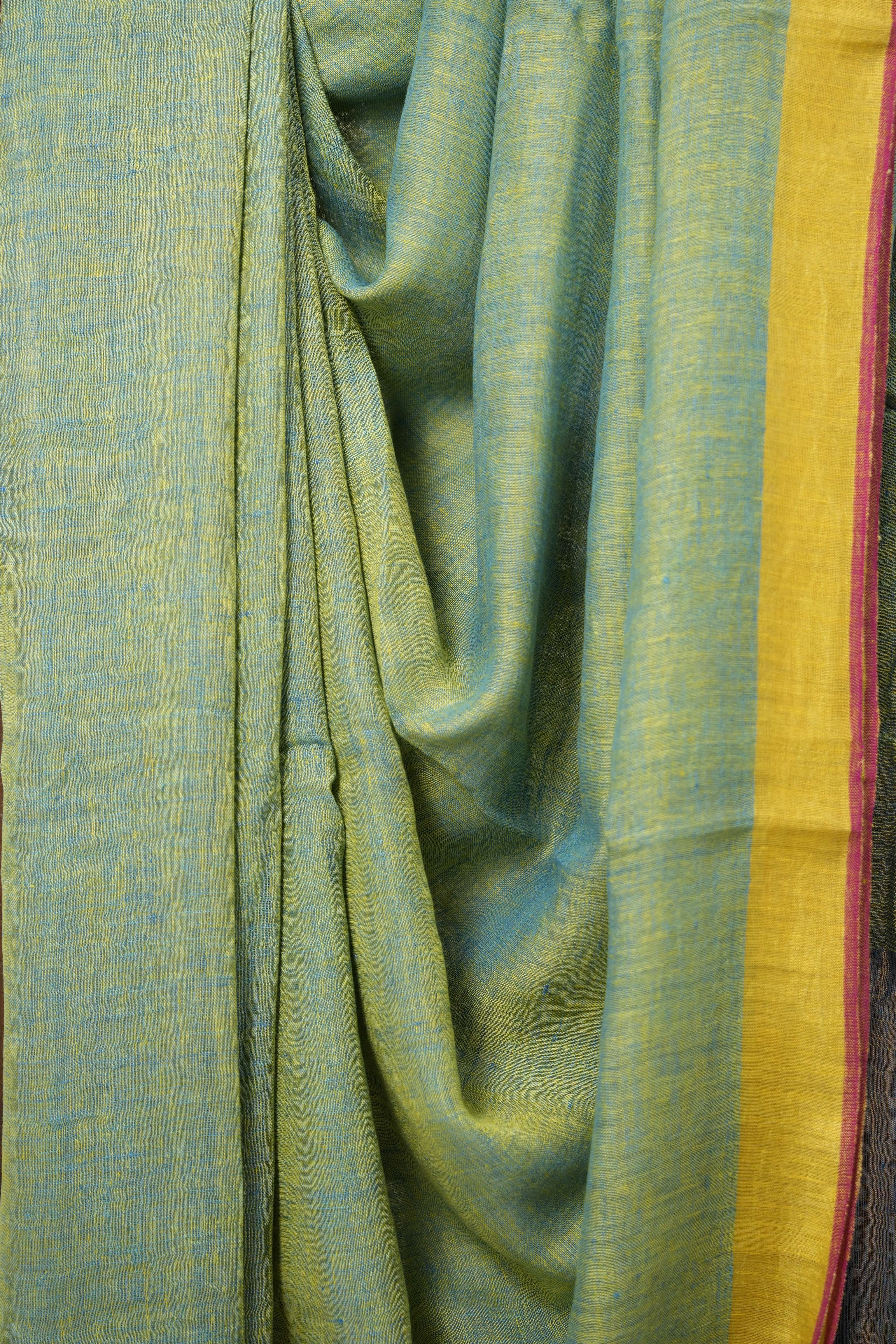 Blue - Yellow Plain Linen Saree With Pink Tassels - SRBYPLSWPT345