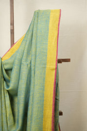 Blue - Yellow Plain Linen Saree With Pink Tassels - SRBYPLSWPT345