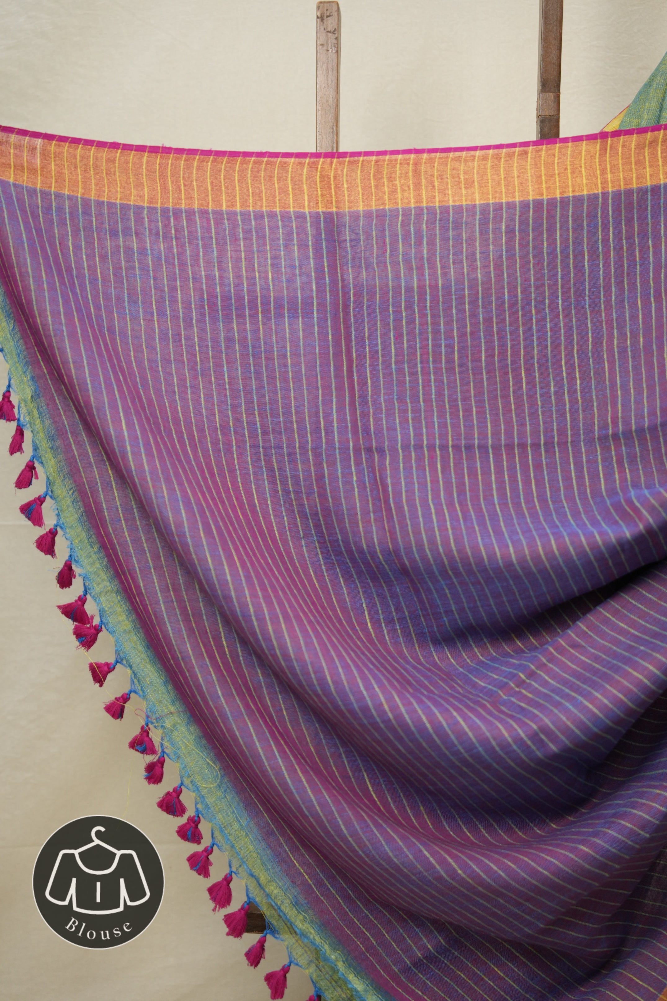 Yellow Blue Plain Linen Saree With Pink Tassels - SRYBPLS336