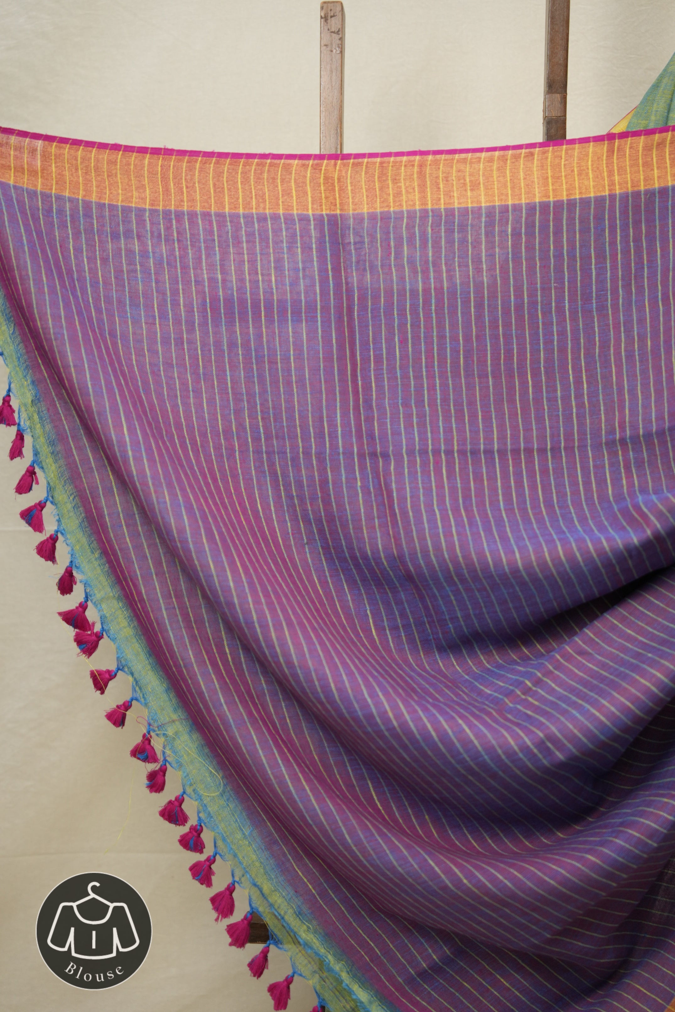 Blue - Yellow Plain Linen Saree With Pink Tassels - SRBYPLSWPT345