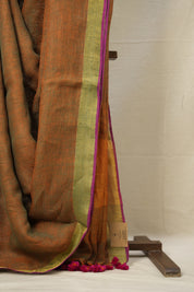 Orange Plain Linen Saree With Pink Tassels - SROPLS335
