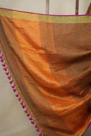 Orange Plain Linen Saree With Pink Tassels - SROPLS335