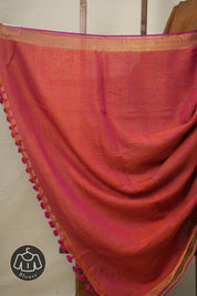 Orange Plain Linen Saree With Pink Tassels - SROPLS335