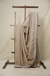 Wheat Gold Plain Linen Saree With Maroon Tassels - SRWGPLS332