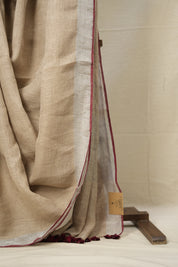 Wheat Gold Plain Linen Saree With Maroon Tassels - SRWGPLS332